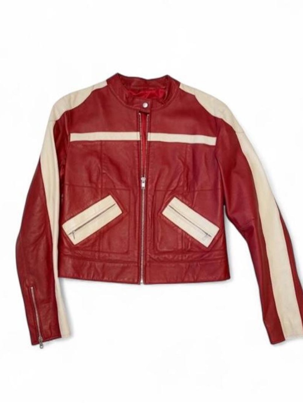 Vintage Cherry Red Leather Racer Jacket w/ Off-White Racing Stripes & Zipper Poc